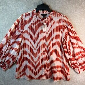 Banana Republic Button Shirt Women XL Orange Ikat Ruffle Neck Balloon Sleeve NEW